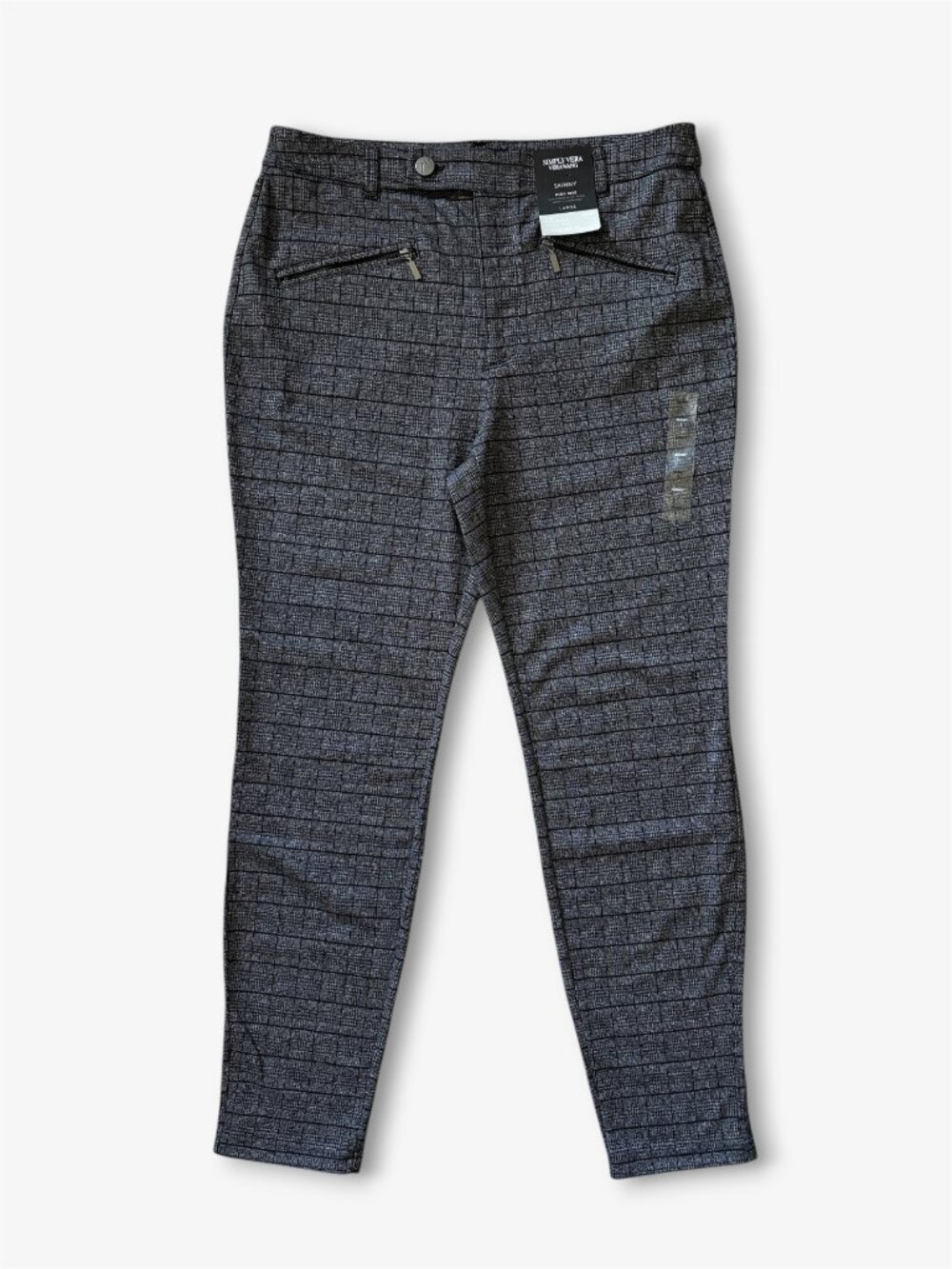 Simply Vera Wang High Rise Skinny Polished Twill Pants Gray Plaid Womens Large